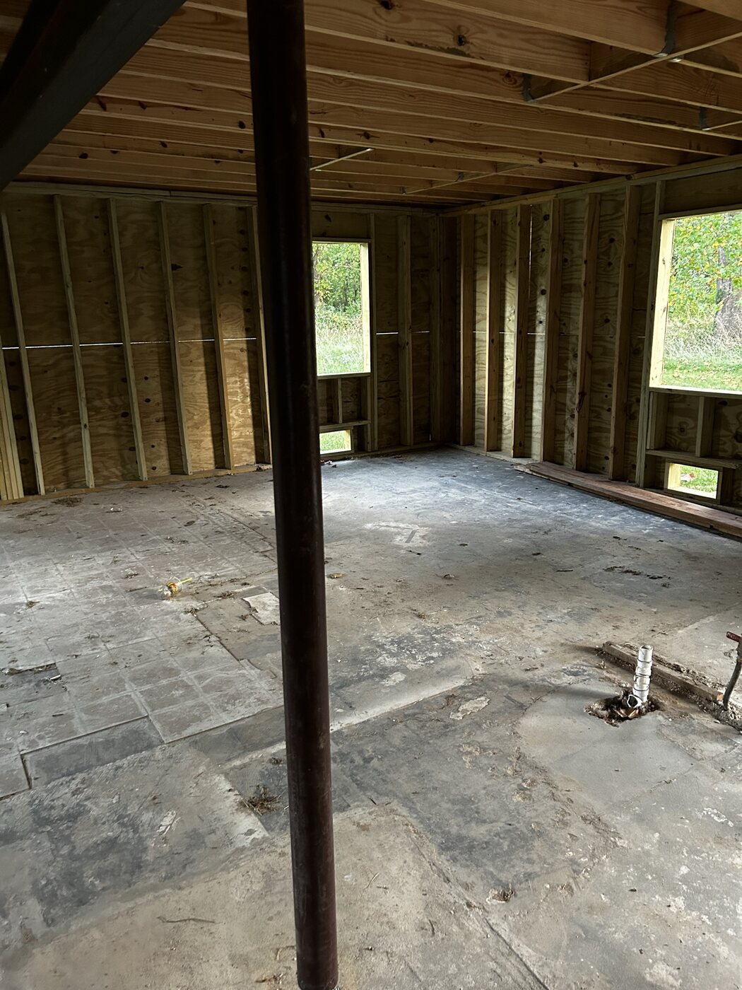 Former garage framing before conversion to living space